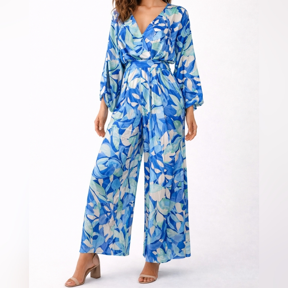 Flying Tomato Blue & White Leaf-Print Wide-Leg Jumpsuit